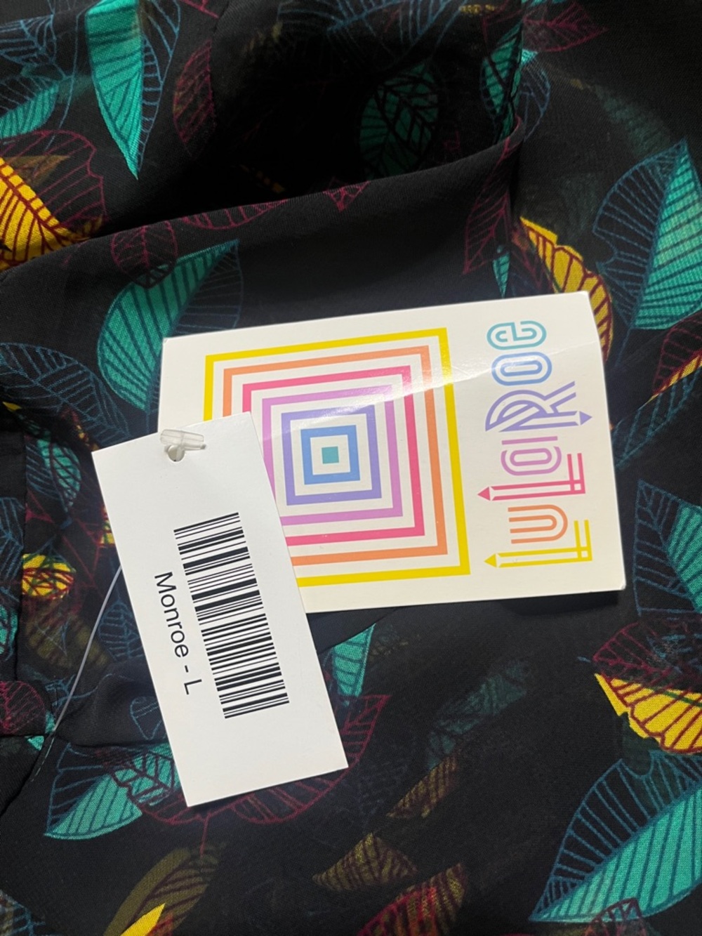 LuLaRoe Kimono Sz L MONROE Draped Collar Sheer Black Leaf Print Fringe Feminine - Picture 7 of 8